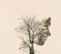 Naklejki Double exposure portrait of young woman and autumn trees.