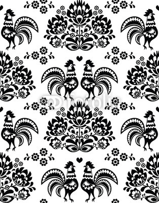 Seamless Polish, Slavic black folk art pattern with roosters