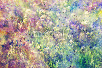 grunge colorful watercolor splatter and small blooming flowers