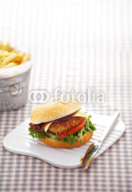 Naklejki close up chicken burger on white tray
