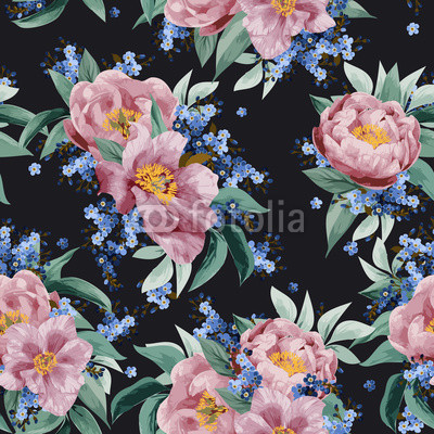 Seamless floral pattern with pink roses on black background