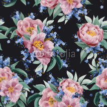 Fototapety Seamless floral pattern with pink roses on black background