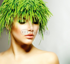 Naklejki Beauty Spring Woman with Fresh Green Grass Hair