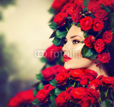 Beauty Fashion Model Girl Portrait with Red Roses Hairstyle