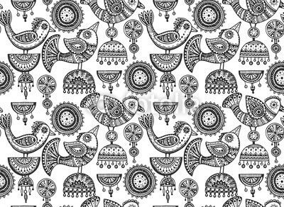 Seamless pattern with hand drawn fancy birds in ethnic style