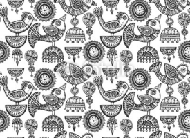 Fototapety Seamless pattern with hand drawn fancy birds in ethnic style
