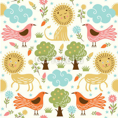 seamless pattern, lion and birds