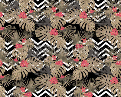 Seamless pattern  with decorative tropical leaves and flowers. White zigzag on a black background.
