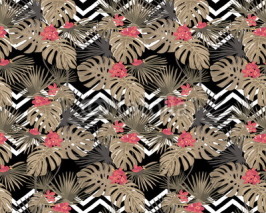 Fototapety Seamless pattern  with decorative tropical leaves and flowers. White zigzag on a black background.