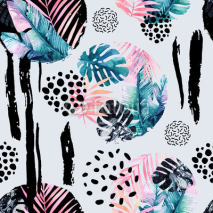 Abstract natural seamless pattern inspired by memphis style. Circles filled with tropical leaves, doodle, grunge texture, rough brush strokes. Hand painted watercolour illustration