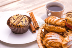 Naklejki morning breakfast. coffee and fresh pastries