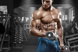 Fototapety Muscular man working out in gym doing exercises with dumbbells at biceps, strong male naked torso abs
