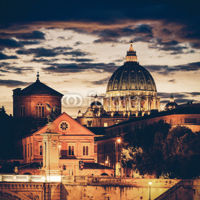 Vintage Night view at St. Peter's cathedral in Rome, Italy