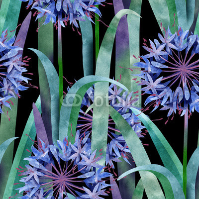 Watercolor Agapanthus Flower Seamless Pattern on Black Background