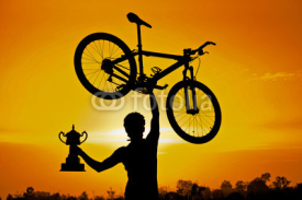 Obrazy i plakaty a cyclist raising his mountainbike and a trophy silhouette