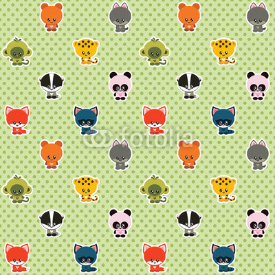 Vector seamless green polka dot pattern with little cute animals