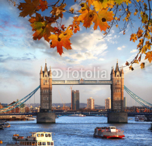 Tower Bridge with autumn leaves in London, England