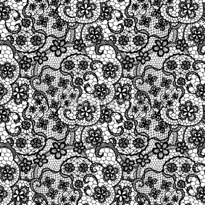 Lace black seamless pattern with flowers on white background