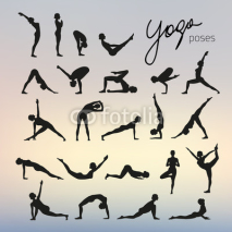 Naklejki Set of yoga poses silhouettes on blurred background