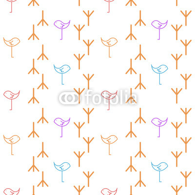 Birds and Footsprint Pastel Colored Simple Seamless Pattern on White Background