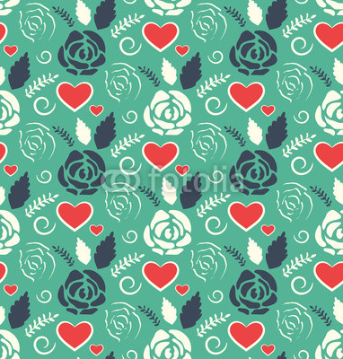 Seamless Love Abstract Pattern with Roses Flowers and Hearts on 