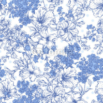Blue Seamless Background with Spring and Summer Flowers