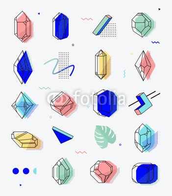 Set of space objects crystals with geometric shapes.