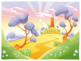 Naklejki Landscape with tower. Funny cartoon and vector illustration.