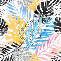 Art illustration: trendy tropical leaves filled with watercolor grunge marble texture, doodle elements background.