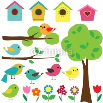 Obrazy i plakaty Set birds with birdhouses, trees and flowers.
