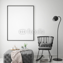 mock up poster frame in hipster interior background, scandinavian style, 3D render, 3D illustration
