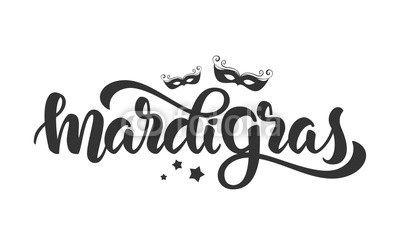 Vector illustration: Handwritten modern brush lettering of Mardi Gras with silhouettes of Carnival masks and stars on white background