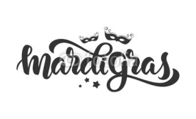 Naklejki Vector illustration: Handwritten modern brush lettering of Mardi Gras with silhouettes of Carnival masks and stars on white background