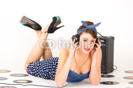 Fototapety Beautiful retro young girl wearing blue vintage clothes