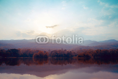 Landscape of lake mountains in autumn - vintage styles.