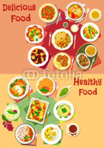 Lunch with fruit dessert icon set for menu design