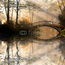 Naklejki Autumn - Old bridge in autumn misty park