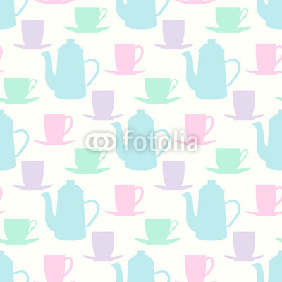 Vintage seamless vector pattern with teapots, tea mugs and coffee cups