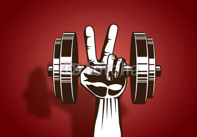 Hand lifting up steel dumbbell and make V sign on red background. This illustration meaning very determined to fitness.
