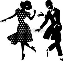 Naklejki Black vector silhouette of a dancing couple in vintage apparel, no white objects, EPS 8