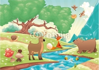 Animals in the wood. Vector landscape, isolated objects.