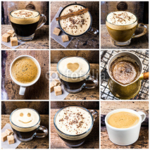 Coffee collage with Coffee espresso, cappuccino, latte and mocha