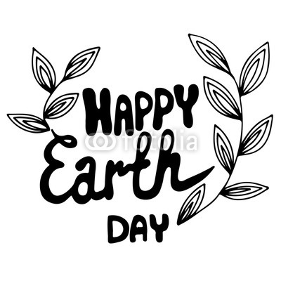 Happy Earth Day lettering with leaves on the white background