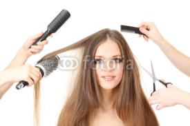 Naklejki Woman with long hair in beauty salon, isolated on white