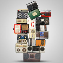 Fototapety Retro recorder, audio system, collage of music, background