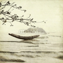Fototapety Fishing Boat and Almond Tree Art Background