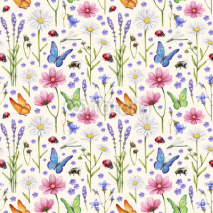 Naklejki Wild flowers and insects illustration. Watercolor summer pattern