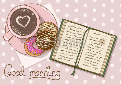 Illustration with cup of coffee and book