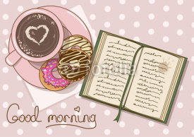 Fototapety Illustration with cup of coffee and book