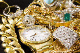 Fototapety Jewelry, gold, necklaces, rings, bracelets, watch, wealth